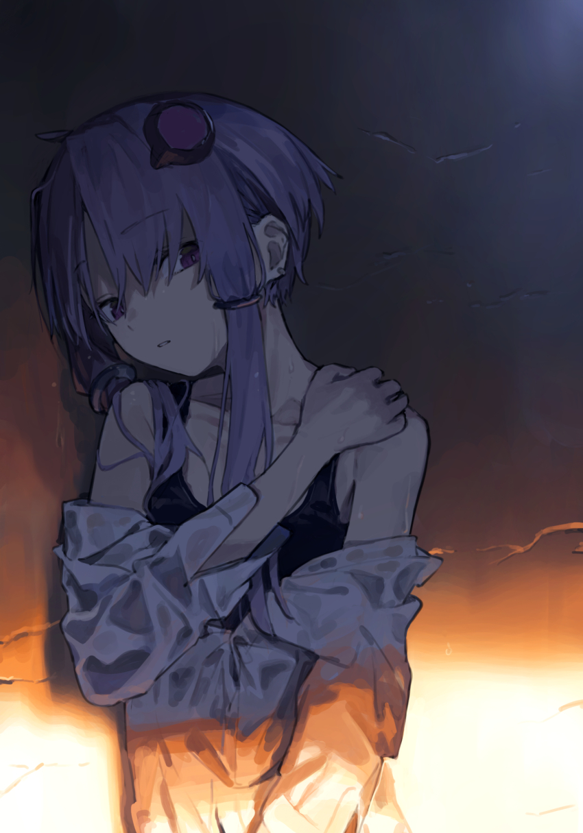1girl armpits black_background black_skirt collarbone hair_between_eyes highres hitogome long_bangs long_hair long_sleeves looking_at_viewer parted_lips purple_eyes purple_hair simple_background skirt solo vocaloid white_background yuzuki_yukari