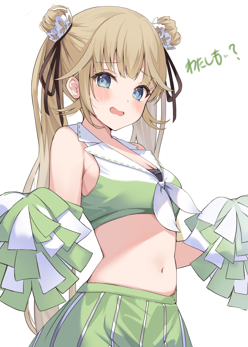 1girl absurdres alternate_costume armpit_crease bare_shoulders blue_eyes blush breasts brown_hair cattleya_regina_games cheerleader cleavage crop_top double_bun green_skirt hair_bun hair_ribbon hanabusa_lisa highres midriff navel open_mouth pom_pom_(cheerleading) ribbon ribbon-trimmed_collar ribbon_trim shirt simple_background skirt sleeveless sleeveless_shirt solo tihayasan-ktkr twintails upper_body virtual_youtuber vspo! white_background