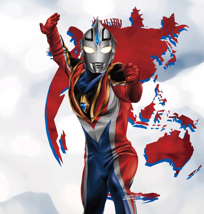 1boy abstract_background alien armor arms_up artist_name blue_skin breastplate clenched_hand color_timer colored_skin commentary compound_eyes continents contrapposto dorsal_fin feet_out_of_frame fighting_stance forehead_jewel glowing glowing_eyes gomenos highres kaiju legs_apart looking_at_viewer male_focus mizunoe-no-ryuu monster multicolored_skin red_skin shazak shoulder_armor signature silhouette silver_skin solo_focus tigris_(ultra_series) tokusatsu ultra_series ultraman_agul ultraman_agul_(supreme_version) ultraman_gaia_(series) ultrataku white_background wrinkled_skin yellow_eyes zonnel