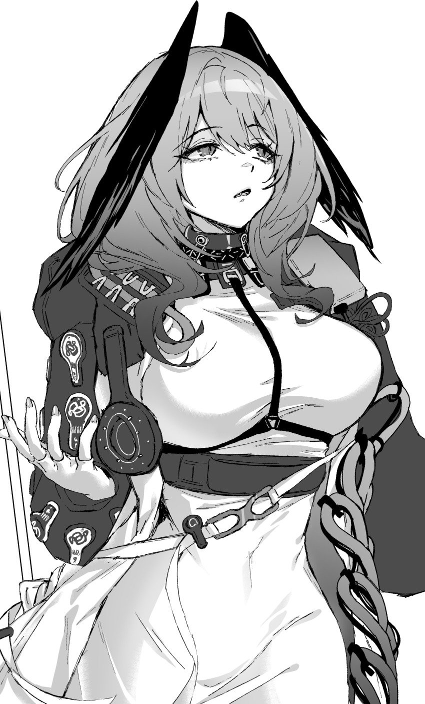 1girl absurdres arknights breasts chest_harness commentary_request covered_navel fingerless_gloves fingernails gloves greyscale hair_between_eyes harness head_wings highres ho&#039;olheyak_(arknights) infection_monitor_(arknights) kaguura_(kagu) large_breasts long_hair monochrome open_mouth sharp_teeth simple_background skin_tight slit_pupils solo teeth white_background wings