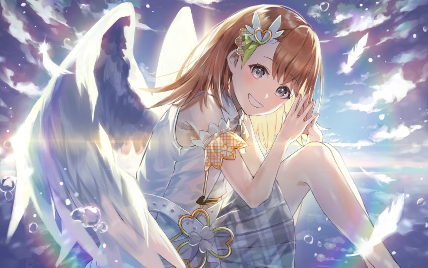 1girl angel_wings armband backlighting bare_legs belt blue_sky brown_hair clenched_teeth cloud cloudy_sky collared_shirt day diffraction_spikes dot_nose elbow_on_thigh elbow_rest eyelashes feathered_wings feathers feet_out_of_frame fingernails glint glowing_feather gold_trim grey_eyes grey_ribbon grey_skirt grin hair_ornament hanasato_minori hands_up happy heart heart_hair_ornament highres horizon lapels leaning_forward legs_together lens_flare light_blush light_particles long_legs looking_at_viewer medium_hair neck_ribbon outdoors own_hands_together plaid_clothes plaid_ribbon plaid_skirt pleated_skirt project_sekai reflection reflective_water ribbon shirt shirushi_06 skirt sky sleeveless sleeveless_shirt smile solo steepled_fingers sunlight swept_bangs tareme teeth tenshi_no_clover_(vocaloid) todoke!_hopeful_stage_(project_sekai) vest water_drop white_belt white_feathers white_vest white_wings wing_hair_ornament wings