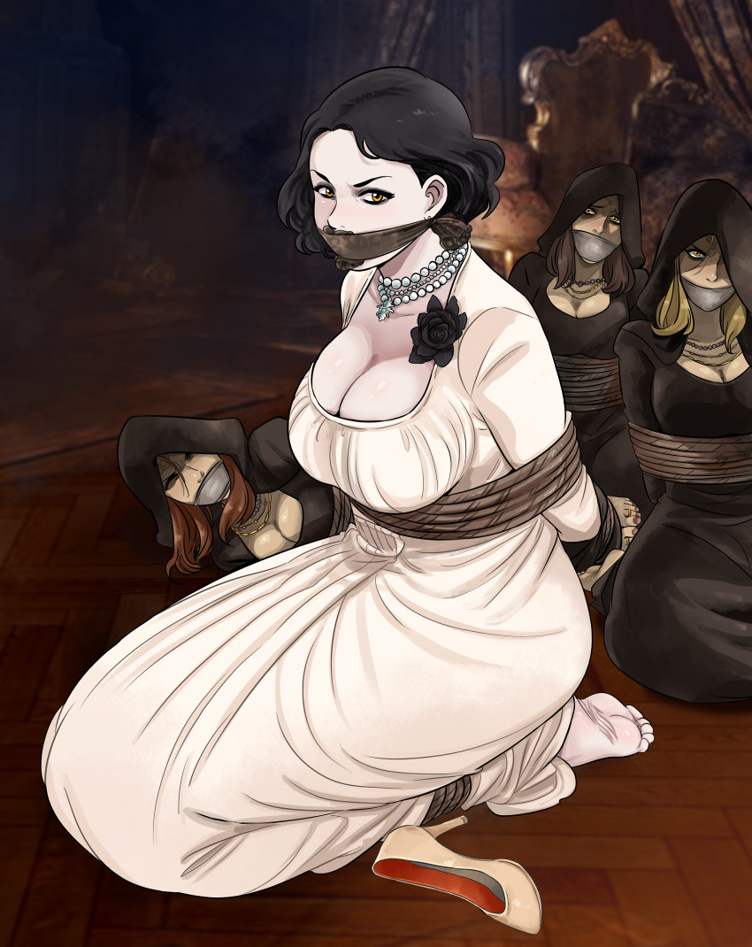 4girls absurdres alcina_dimitrescu blonde_hair bound bound_together breasts cleavage cloth_gag daniela_dimitrescu dress gag gagged glaring highres improvised_gag large_breasts large_hat looking_at_viewer lost_one_zero multiple_girls resident_evil resident_evil_village restrained shaded_face white_dress
