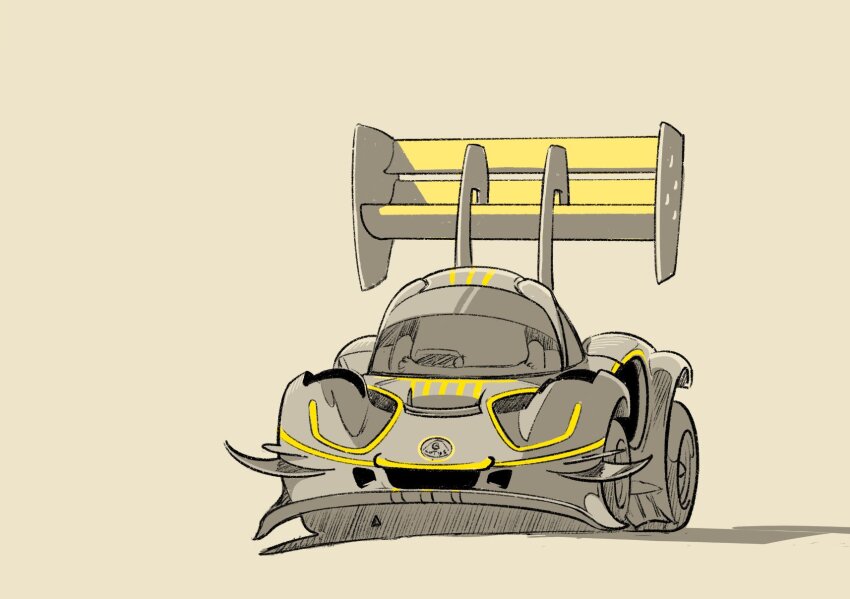 black_car brown_background car chibi commentary english_commentary highres lotus_(brand) lotus_evija lotus_evija_x motor_vehicle no_humans original race_vehicle racecar shadow spoiler_(automobile) vehicle_focus will_pierce