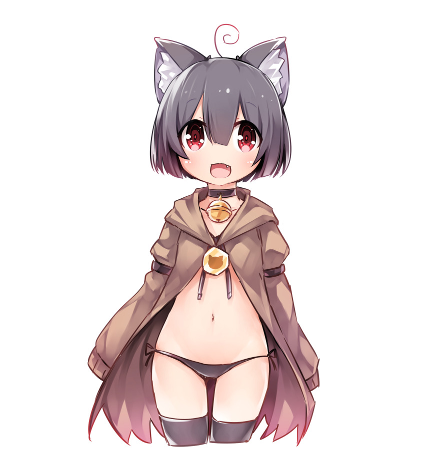 1girl ahoge animal_ear_fluff animal_ears bell black_hair black_panties black_thighhighs brown_coat cat_ears character_request choker coat fang female_focus highres jingle_bell long_sleeves navel no_pants open_clothes open_coat open_mouth original panties red_eyes short_hair side-tie_panties simple_background sleeves_past_wrists smile solo tamase_tama thigh_gap thighhighs underwear virtual_youtuber white_background