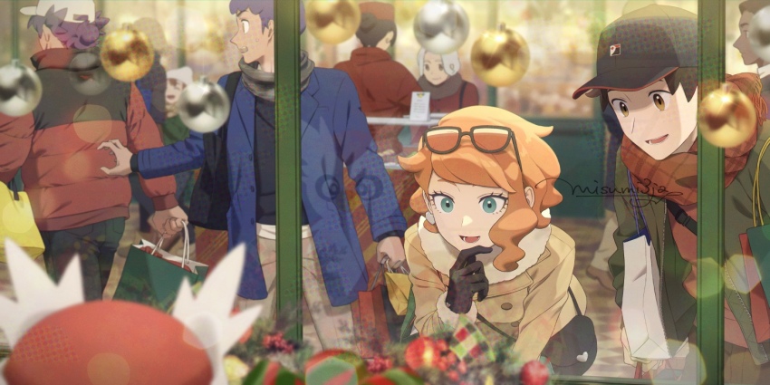 4boys 5girls :d aged_up alternate_costume bag black_bag black_hat blue_jacket blurry brown_hair buttons christmas_ornaments coat creatures_(company) delibird eyelashes eyewear_on_head game_freak gen_2_pokemon gloves green_eyes hat holding hop_(pokemon) jacket leaning_forward leon_(pokemon) lower_teeth_only mixed-language_commentary multiple_boys multiple_girls nintendo open_mouth pants pokemon pokemon_swsh red_jacket reflection sankaku scarf shirt shopping_bag short_hair shoulder_bag signature smile sonia_(pokemon) sunglasses teeth victor_(pokemon) window