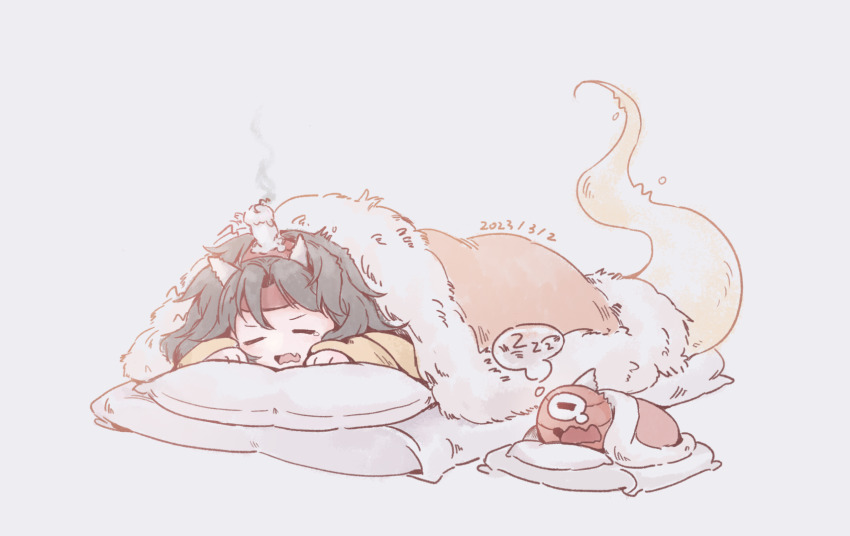 1other androgynous black_hair blanket burabura candle commentary_request fang futon ghost_tail headband highres horns hotaru_kago len&#039;en long_sleeves no_nose open_clothes other_focus pillow red_headband simple_background skin_fang taira_no_chouki waking_up white_background yawning zzz