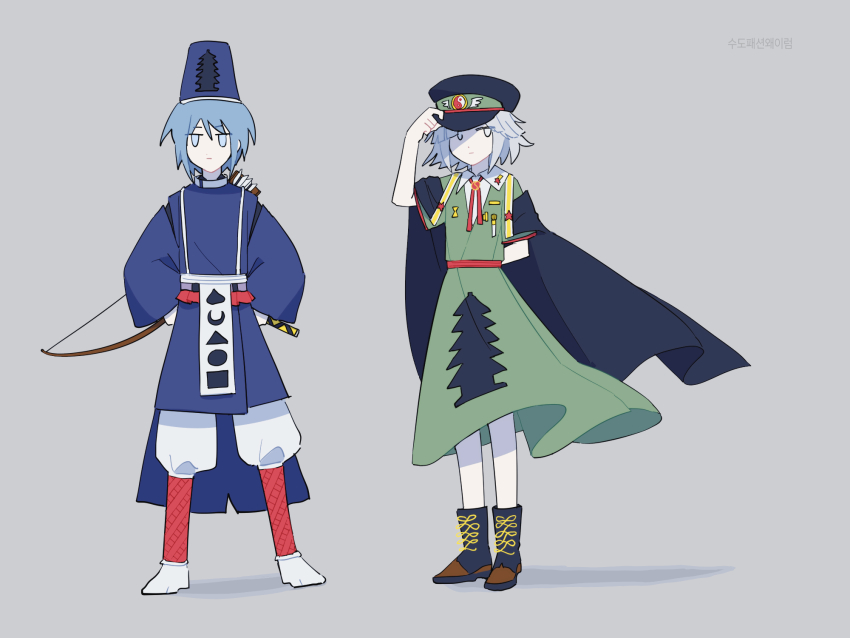 2others androgynous arm_behind_back arrow_(projectile) bare_arms belt black_boots black_cape black_hair blue_eyes blue_hair blue_hat blunt_bangs boots bow_(weapon) brown_boots cape closed_mouth collared_shirt commentary dot_nose dress expressionless floating_cape floating_clothes fujiwara_no_shirogane_no_sanra full_body green_dress grey_background grey_eyes grey_hair hand_on_headwear hands_on_own_hips hat highres japanese_clothes kariginu kashiwagi_kaoru korean_text lace-up_boots len&#039;en long_dress long_sleeves looking_at_viewer medal military_hat military_uniform multicolored_boots multiple_others other_focus pagoda pagoda_print pants parted_bangs peaked_cap pleated_dress quiver re1re133 red_belt shadow shirt shirt_under_dress short_hair short_sleeves simple_background socks standing tabi tate_eboshi translation_request two-tone_boots weapon weapon_on_back white_pants white_shirt white_socks wide_sleeves wing_print yin_yang yin_yang_print