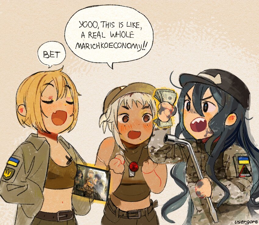 3girls ahoge azov_battalion bad_link blonde_hair blush breasts brown_jacket camouflage camouflage_jacket chibi closed_eyes crank crop_top dirty dirty_face fang furrowed_brow georgian_flag georgian_legion grease_(mechanical) green_hair hand_on_own_hip hat highres holding jacket kraken_(japanon) kraken_regiment long_hair marichka medium_breasts medium_hair midriff military military_uniform mole multiple_girls navel nika_(usergore) original pants ponytail russo-ukrainian_war scar scar_on_arm sharp_teeth short_hair single_sidelock skin_fang smile tan tanline teeth ukraine ukrainian_flag usergore white_hair