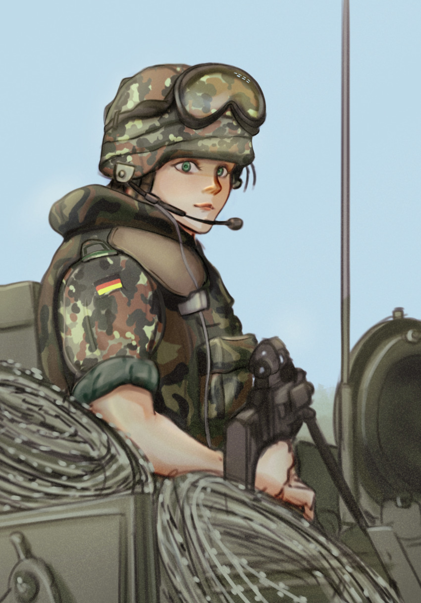 1girl assault_rifle barbed_wire body_armor brown_hair bundeswehr camouflage combat_helmet flecktarn german_army german_flag goggles goggles_on_headwear green_eyes gun hatch headset helmet highres holding holding_gun holding_weapon mg_g microphone military military_uniform military_vehicle motor_vehicle optical_sight original outdoors rifle tank weapon
