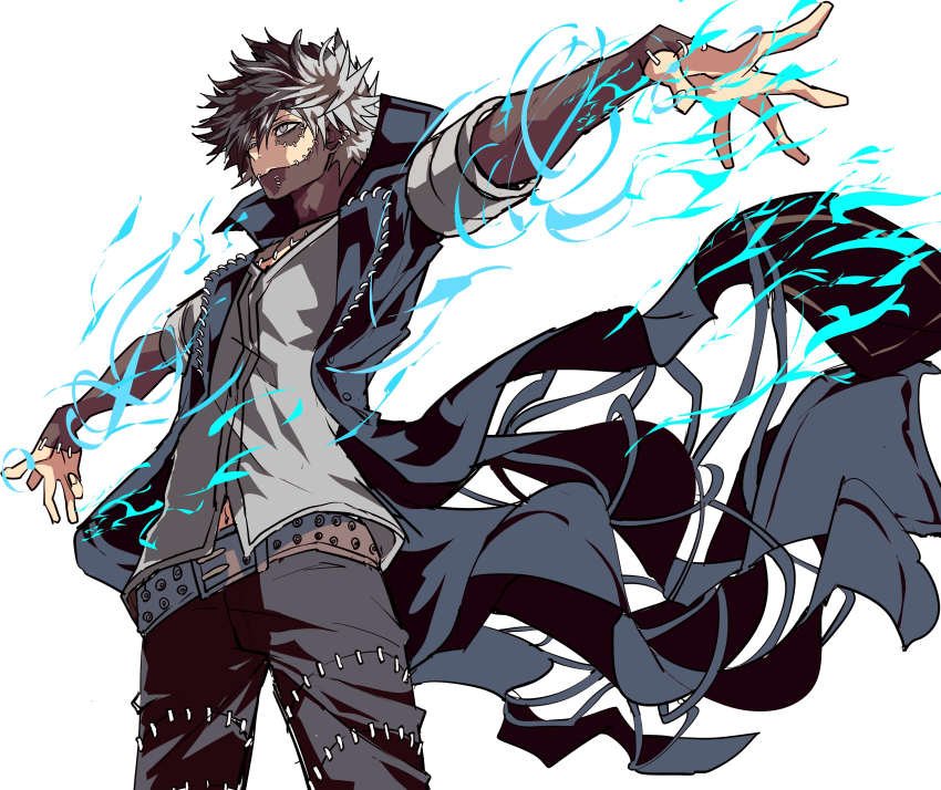 1boy absurdres belt black_coat boku_no_hero_academia coat cowboy_shot dabi_(boku_no_hero_academia) grey_hair highres kg_kkgg male_focus navel outstretched_arms scar scar_on_arm scar_on_face short_hair simple_background solo spread_arms stitched_arm stitched_face stitches studded_belt white_background