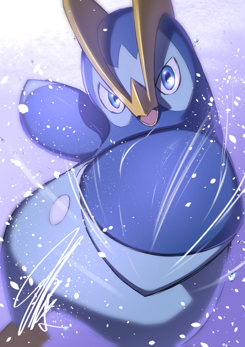absurdres beak bird blue_eyes blue_fur dynamic_pose fighting_stance game_freak gen_4_pokemon glowing glowing_eyes gradient_background highres mitsukuma448 motion_lines narrowed_eyes nintendo open_mouth penguin petals pokemon pokemon_(creature) prinplup purple_background reaching reaching_towards_viewer signature solo tongue