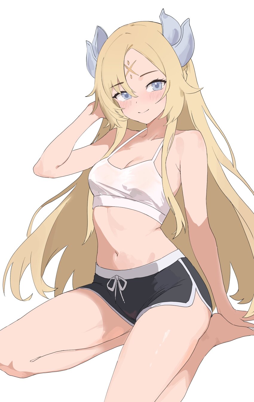 1girl absurdres black_shorts blonde_hair blush bra breasts duel_monster ecclesia_(yu-gi-oh!) facial_mark forehead_mark highres horns kneeling long_hair medium_breasts nbee_ya shorts simple_background solo underwear white_background white_bra yu-gi-oh!