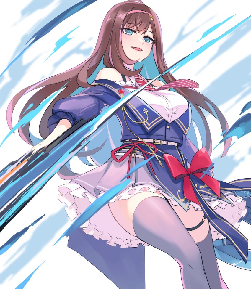 1girl aqua_eyes aqua_hair arm_at_side assault_lily bare_shoulders belt belt_buckle black_thighhighs blood blood_spray blue_blood blue_jacket blue_ribbon blue_skirt bow breasts brown_hair buckle colored_inner_hair commentary_request detached_collar diagonal-striped_clothes diagonal-striped_necktie feet_out_of_frame frilled_shirt frilled_skirt frills hairband halter_shirt halterneck hand_up high-waist_skirt highres holding holding_weapon ishizuka_fujino jacket large_breasts looking_at_viewer mila_(yuta27315) miniskirt multicolored_hair necktie o-ring o-ring_thigh_strap off_shoulder official_alternate_costume outstretched_arm parted_lips pink_hairband puffy_sleeves red_bow red_necktie red_ribbon ribbon shirt skirt slashing smile solo standing striped_clothes thigh_strap thighhighs three-quarter_sleeves two-tone_hair weapon white_background white_belt white_shirt zettai_ryouiki
