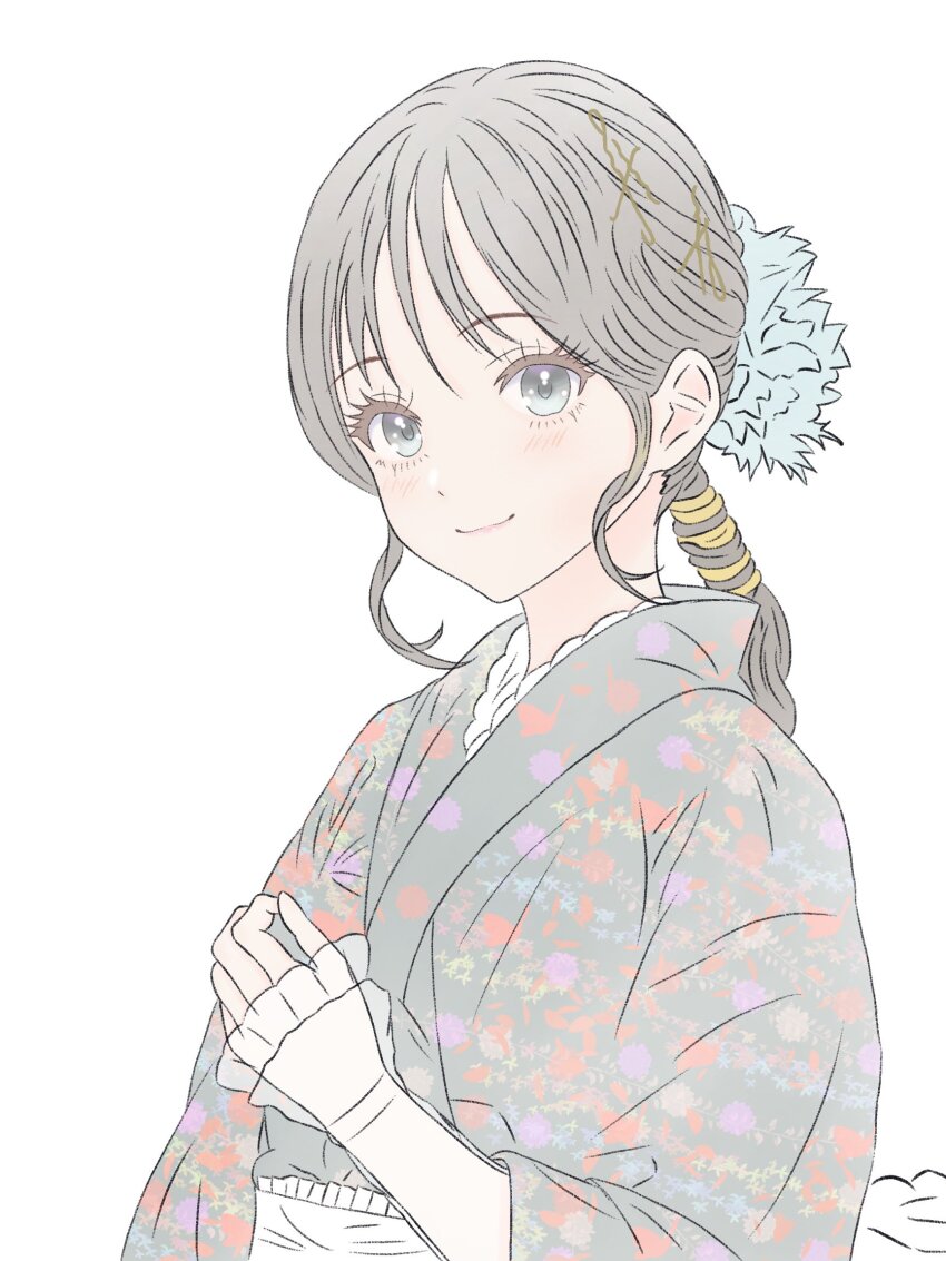 1girl actor arm_at_side black_kimono blue_eyes blush brown_hair closed_mouth commentary_request floral_print flower frilled_sleeves frills hair_flower hair_ornament hand_up highres japanese_clothes kimono layered_sleeves long_hair long_sleeves looking_at_viewer low_ponytail obi otaki_saori pickles_(picpicpickles) ponytail print_kimono real_life sash see-through_clothes see-through_sleeves simple_background sleeves_past_wrists solo upper_body white_background white_flower