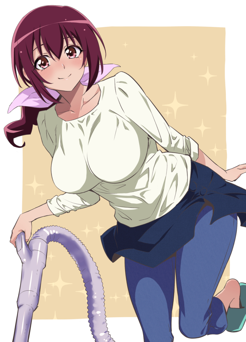1girl blue_pants breasts brown_background collarbone hair_ribbon highres hoshizora_ikuyo large_breasts looking_at_viewer mature_female nakahira_guy pants pink_ribbon ponytail precure red_eyes red_hair ribbon shirt short_hair smile smile_precure! solo standing standing_on_one_leg two-tone_background white_background white_shirt