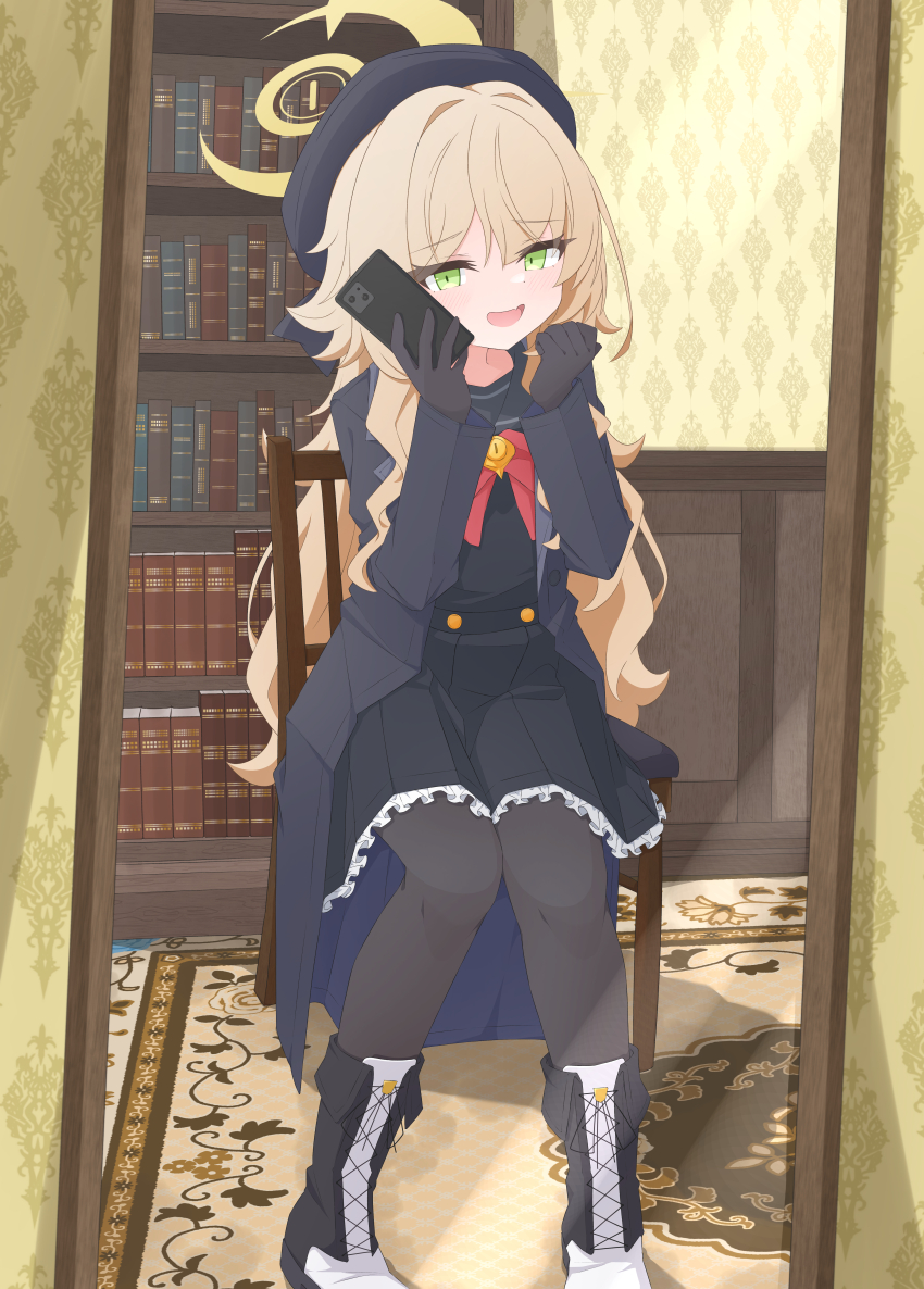 1girl absurdres black_boots black_hat black_jacket black_pantyhose black_sailor_collar black_shirt black_skirt blonde_hair blue_archive boots bow cellphone chair green_eyes hat high-waist_skirt highres holding holding_phone jacket long_hair looking_at_viewer mirror_selfie mizusaki_(kn27) on_chair open_mouth pantyhose phone professor_niyaniya_(blue_archive) red_bow sailor_collar selfie shirt sitting skirt smartphone smile solo teeth upper_teeth_only