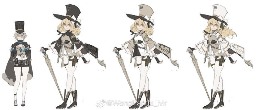 1girl bad_id bad_weibo_id bahao_diqiu blonde_hair boots concept_art dress full_body girls&#039;_frontline grey_hair hat highres kolibri_(girls&#039;_frontline) looking_at_viewer pantyhose simple_background solo watermark weibo_watermark white_background white_pantyhose