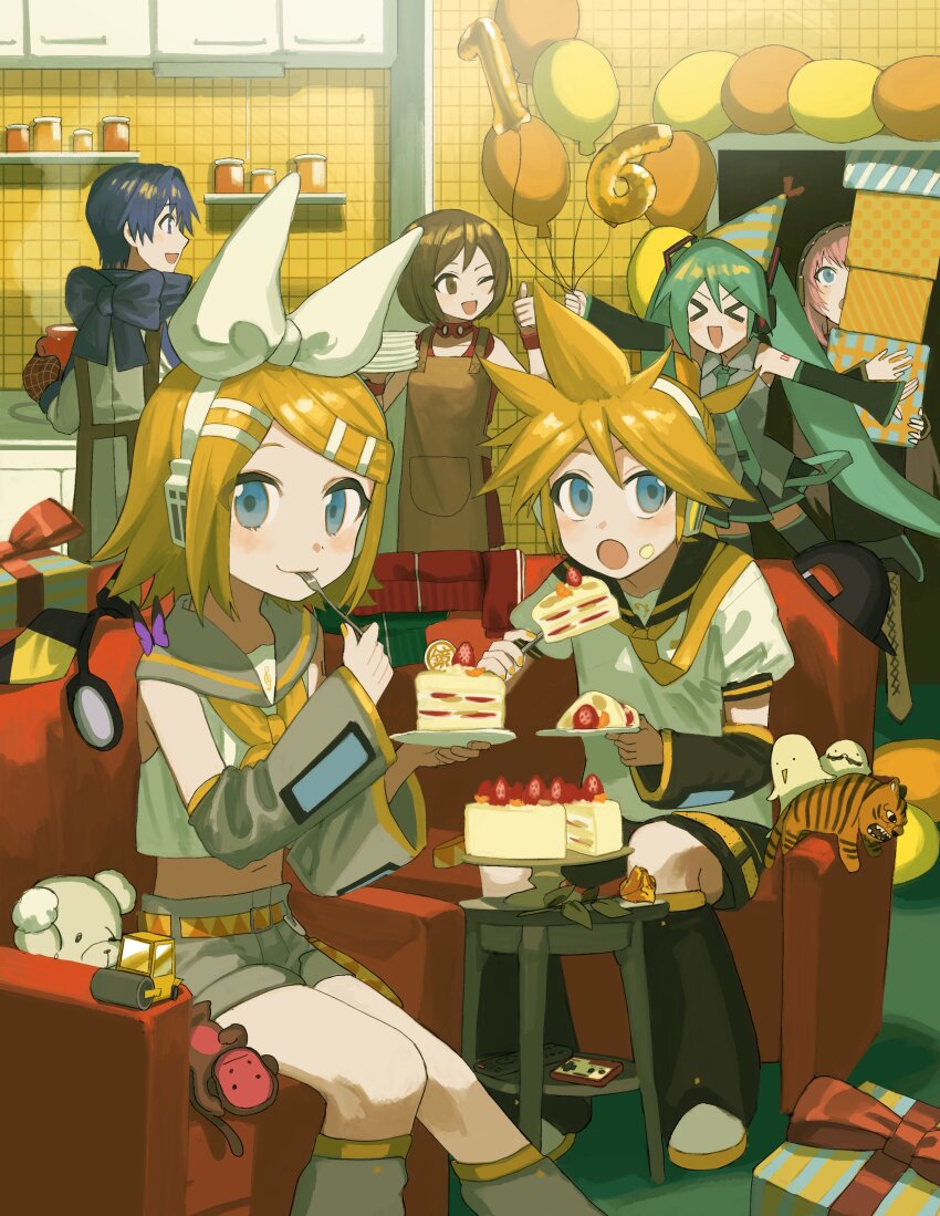 &gt;_&lt; 2boys 4girls ;d absurdres anniversary apron aqua_hair aqua_necktie arm_tattoo arm_warmers balloon bird birthday birthday_cake black_footwear black_sailor_collar black_shorts blonde_hair blue_bow blue_eyes blue_hair blue_scarf bow box brown_apron brown_eyes brown_hair bulldozer cake cake_slice collar controller cooking_pot couch eating facial_hair flower food fork fruit game_controller gift gift_box gloves grey_sailor_collar grey_shorts hair_bow hat hatsune_miku hayama_hashiwo headphones headset highres holding holding_balloon holding_cooking_pot holding_fork holding_gift holding_plate jar kagamine_len kagamine_rin kaito_(vocaloid) kitchen leg_warmers megurine_luka meiko_(vocaloid) mob_face monkey multiple_boys multiple_girls mustache navel neckerchief necktie one_eye_closed open_mouth pink_hair plate pleated_skirt red_collar red_shirt remote_control rose sailor_collar scarf shirt shoes shorts siblings sitting skirt smile strawberry stuffed_animal stuffed_toy tattoo teddy_bear thumbs_up tiger tile_wall tiles toy twins twintails utensil_in_mouth vocaloid white_bow white_shirt yellow_flower yellow_nails yellow_neckerchief yellow_necktie yellow_rose yellow_shoes
