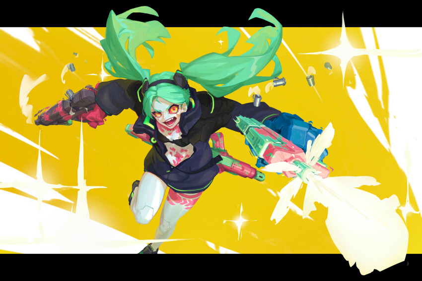 1girl absurdres artificial_eye black_bra black_hairband black_jacket bra breasts colored_sclera commentary cyberpunk_(series) cyberpunk_edgerunners dual_wielding english_commentary felix_thirasat firing green_eyes green_hair hairband highres holding jacket leg_tattoo letterboxed mechanical_eye mechanical_hands neck_tattoo open_mouth outside_border pink_tattoo rebecca_(cyberpunk) red_pupils red_sclera samurai_jacket_(cyberpunk) small_breasts smile solo stomach_tattoo tattoo twintails underwear yellow_background