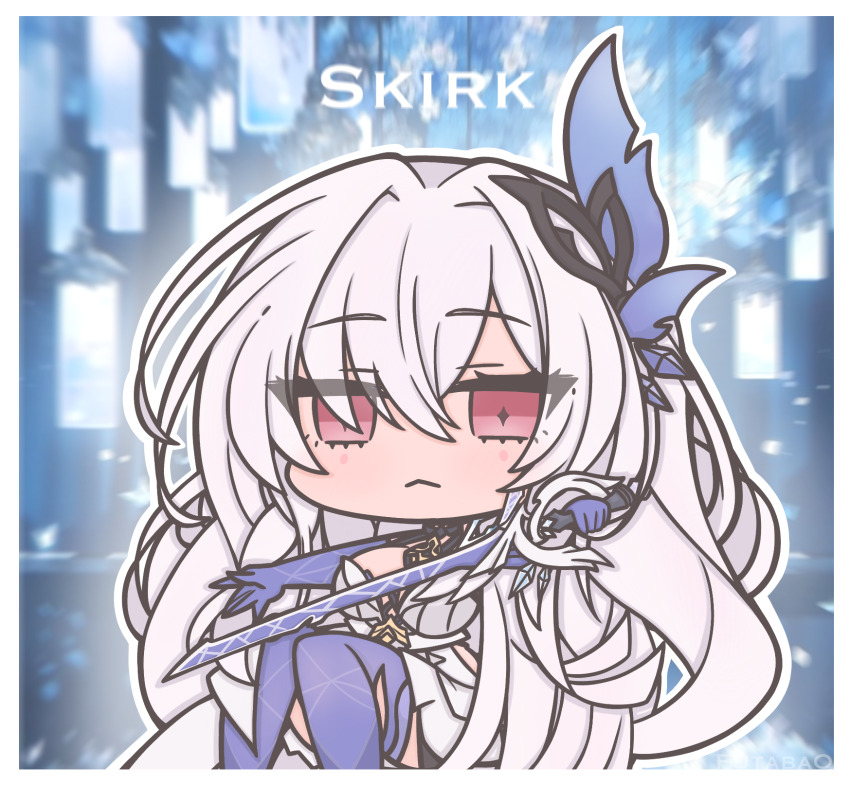 1girl :&lt; ai-assisted ai-generated_background artist_name azurelight_(genshin_impact) bare_shoulders blue_thighhighs blurry blurry_background blush border breasts character_name chibi chibi_only closed_mouth commentary dress feet_out_of_frame futaba_(anti_clockwise) genshin_impact hair_between_eyes hair_intakes hair_ornament highres holding holding_weapon light_particles long_hair looking_at_viewer medium_breasts pink_eyes skirk_(genshin_impact) solo symbol-only_commentary thighhighs triangle_mouth very_long_hair weapon white_border white_dress white_hair