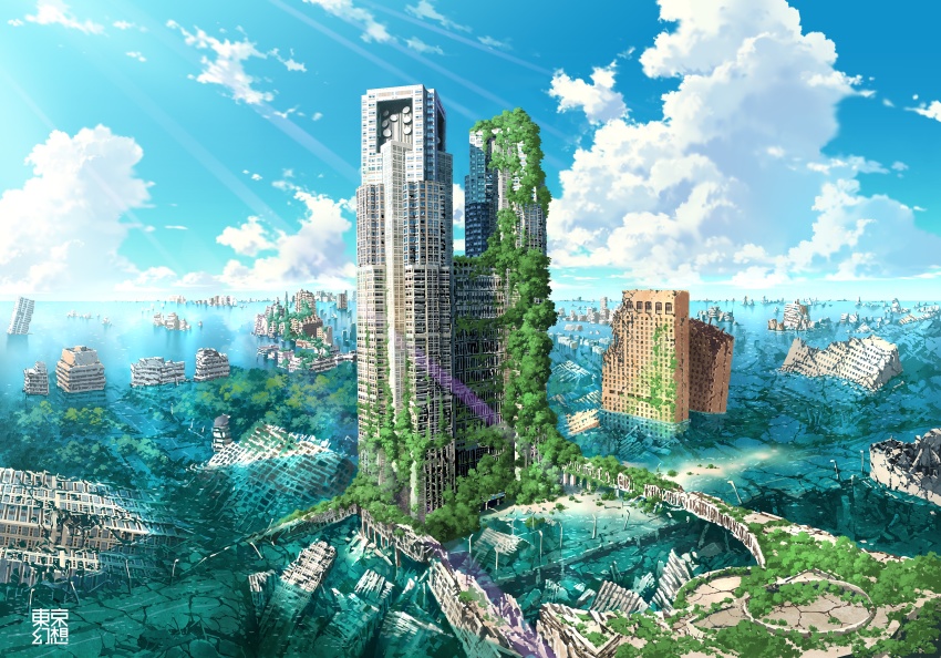 abandoned absurdres blue_sky building city cloud commentary_request day dilapidated flood highres horizon no_humans ocean original outdoors overgrown post-apocalypse real_world_location road ruins scenery sky skyscraper tokyo_(city) tokyo_metropolitan_government_building tokyogenso water window