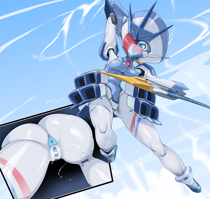 1girl android anus bar_censor blue_eyes blue_skin blue_sky blush breasts censored closed_mouth colored_skin darling_in_the_franxx day delphinium_(darling_in_the_franxx) eyes_visible_through_hair flying hand_up joints looking_at_viewer medium_breasts multicolored_skin nude outdoors pochincoff pointy_breasts puckered_anus pussy pussy_juice robot_joints sky solo two-tone_skin white_skin