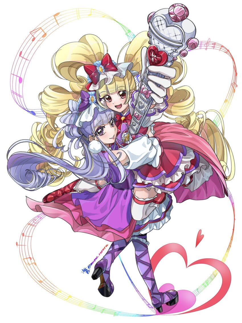 2girls :d aisaki_emiru blonde_hair blush boots bow commentary_request cure_amour cure_macherie dress earrings eyelashes gloves hair_bow hair_ornament happy high_heel_boots high_heels highres hugtto!_precure jewelry long_hair looking_at_viewer magical_girl meme_rururu multiple_girls musical_note open_mouth pink_dress pink_eyes pom_pom_(clothes) pom_pom_earrings precure purple_eyes purple_hair ribbon ruru_amour simple_background smile standing thighhighs thighs twintails white_background