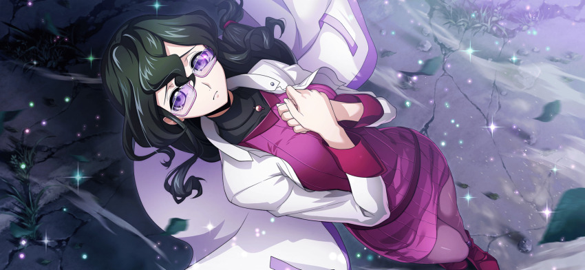 1girl breasts closed_mouth code_geass code_geass:_lost_stories f4samurai glasses green_eyes green_hair highres jacket jewelry long_hair necklace nina_einstein official_art pantyhose pink_top sad solo white_jacket