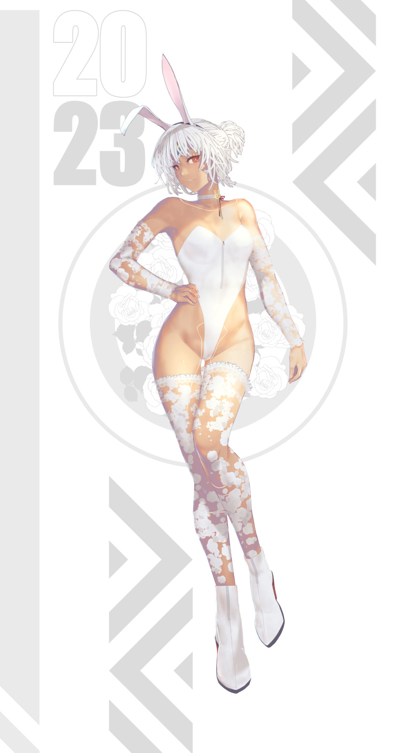 1girl 2023 absurdres altera_(fate) animal_ears ankle_boots bare_shoulders boots breasts chinese_zodiac choker cleavage closed_mouth dark-skinned_female dark_skin detached_sleeves fake_animal_ears fate/grand_order fate_(series) forehead_protector full_body hand_on_own_hip highleg highleg_leotard highres i-pan leotard long_sleeves looking_at_viewer playboy_bunny ponytail rabbit_ears red_eyes short_hair short_ponytail small_breasts smile solo standing thigh_gap thighhighs white_boots white_choker white_leotard white_thighhighs year_of_the_rabbit