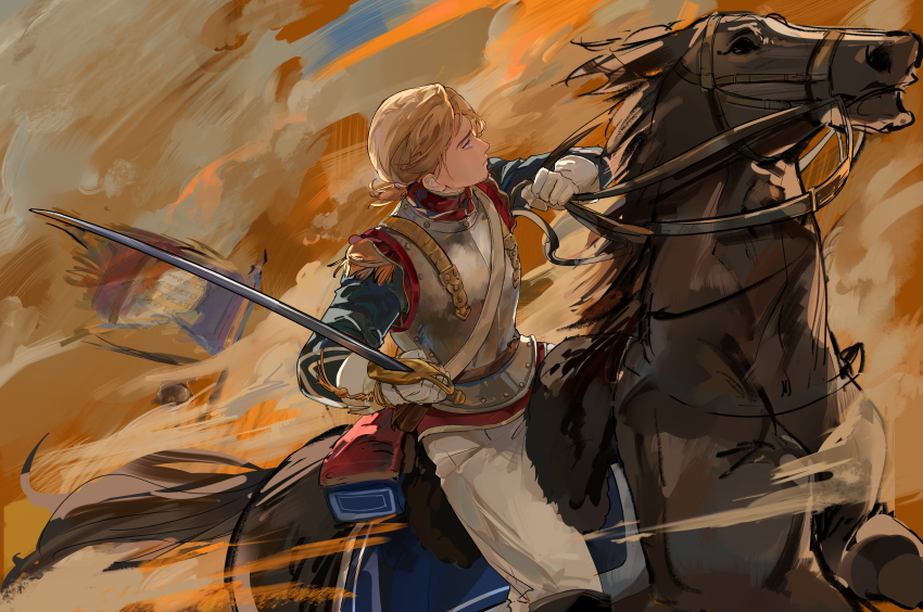 1boy absurdres armor axis_powers_hetalia blonde_hair blue_jacket bow breastplate cubed_(houkuaid) cuirass epaulettes facial_hair france_(hetalia) french_army french_flag gloves goatee_stubble hair_bow high_collar highres holding holding_reins holding_sword holding_weapon horse horseback_riding jacket knight low_ponytail male_focus medium_hair military military_jacket military_uniform pants ponytail profile purple_eyes reins riding saddle sash short_ponytail stubble sword weapon white_gloves white_pants white_sash