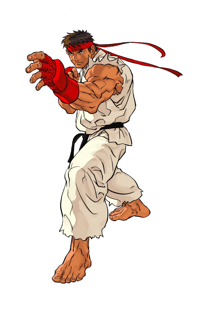 1boy barefoot black_hair dougi fighting_stance fingerless_gloves forked_eyebrows from_below game_cg gloves headband highres male_focus martial_arts_belt mma_gloves muscular muscular_male nishimura_kinu non-web_source official_art outstretched_arm red_gloves red_headband ryu_(street_fighter) short_hair simple_background sleeveless solo street_fighter street_fighter_iii_(series) torn_clothes torn_sleeves white_background