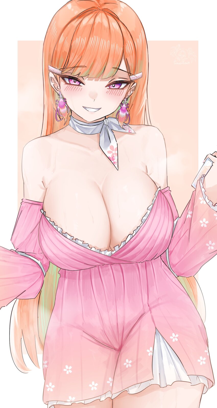 1girl absurdres bare_shoulders border breasts chibi chibi_inset cleavage cowboy_shot dress earrings green_hair highres hololive hololive_english jewelry large_breasts multicolored_hair orange_hair pink_dress purple_eyes simple_background solo soup_(soupysoull) strapless strapless_dress streaked_hair takanashi_kiara takanashi_kiara_(perfume) two-tone_hair virtual_youtuber white_border