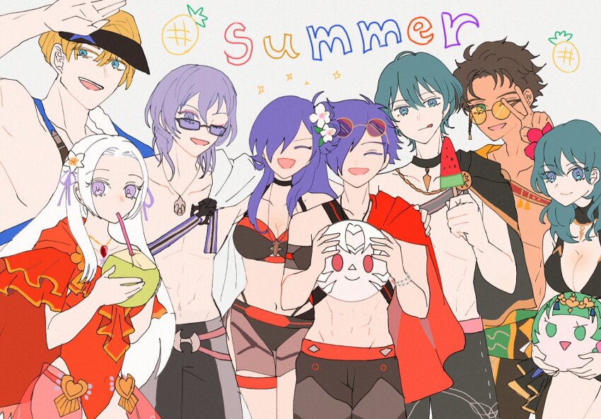 3girls 5boys arval_(fire_emblem) ball beachball bikini black_male_swimwear black_swim_trunks character_balloon claude_von_riegan claude_von_riegan_(summer) coconut coconut_cup dark-skinned_male dark_skin dimitri_alexandre_blaiddyd dimitri_alexandre_blaiddyd_(summer) dual_persona edelgard_von_hresvelg edelgard_von_hresvelg_(summer) female_byleth_(fire_emblem) female_byleth_(summer)_(fire_emblem) female_shez_(fire_emblem) female_shez_(summer)_(fire_emblem) fire_emblem fire_emblem:_three_houses fire_emblem_heroes fire_emblem_warriors:_three_hopes food highres looking_at_viewer male_byleth_(fire_emblem) male_shez_(fire_emblem) male_shez_(summer)_(fire_emblem) male_swimwear multiple_boys multiple_girls nintendo official_alternate_costume one-piece_swimsuit popsicle sasaki_(dkenpisss) sothis_(fire_emblem) sunglasses swim_trunks swimsuit visor_cap yuri_leclerc