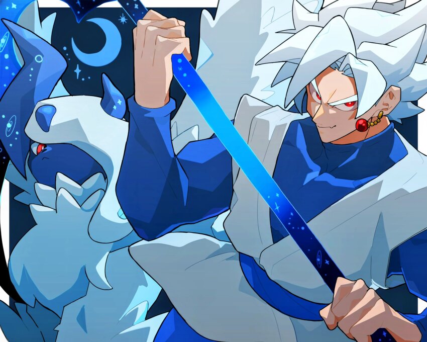 1boy 1other absol alternate_color alternate_hair_color blue_dougi border bright_pupils commentary_request crescent_moon crossover dougi dragon_ball dragon_ball_super earrings fang floating_clothes gen_3_pokemon goku_black hair_over_one_eye highres holding holding_scythe holding_weapon jewelry looking_at_viewer male_focus mega_absol mega_pokemon moon muscular muscular_male nintendo pokemon pokemon_(creature) potara_earrings red_eyes scythe shirofal028 short_hair single_earring skin_fang spiked_hair v-shaped_eyebrows weapon white_border white_fur white_hair white_pupils