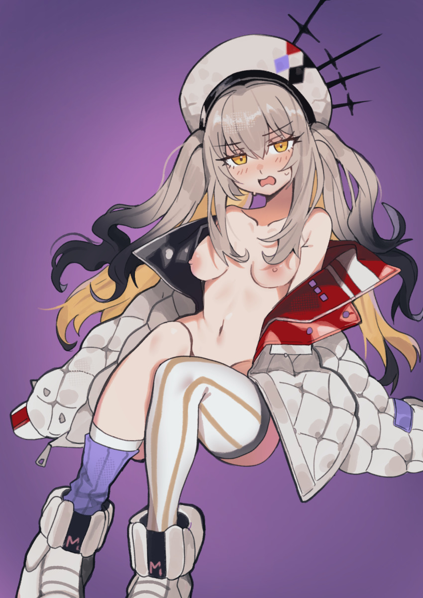 1girl asymmetrical_legwear beret black_hair blush breasts fate/grand_order fate_(series) gradient_hair grey_hair hat high_tops highres jacket looking_at_viewer marie_antoinette_(fate) marie_antoinette_alter_(fate) marie_antoinette_alter_(first_ascension)_(fate) medium_breasts multicolored_hair naked_jacket navel nipples off_shoulder oniyanna open_mouth purple_background purple_socks quilted_jacket ribbed_socks shoes sidelocks simple_background sitting sleeves_past_fingers sleeves_past_wrists sneakers socks solo stomach striped_clothes striped_thighhighs thighhighs twintails two-tone_hair uneven_legwear vertical-striped_clothes vertical-striped_thighhighs wavy_hair white_hat white_jacket white_shoes white_thighhighs yellow_eyes