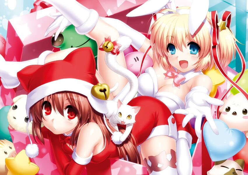 2018 2girls :d absurdres ahoge air_(visual_novel) animal_ears animal_hat animal_print bare_shoulders blonde_hair blue_eyes blush blush_stickers boots botan_(clannad) bow bowtie box breasts brown_hair cat cat_print chibi-moth christmas clannad cleavage closed_mouth collar company_connection crossover curvy dango_daikazoku dated_commentary detached_collar dog dress elbow_gloves expressionless fake_animal_ears fang flower fur-trimmed_boots fur-trimmed_dress fur-trimmed_gloves fur-trimmed_headwear fur_trim gift gift_box gloves hair_between_eyes hair_ornament hair_ribbon happy hat hat_bell heart heart-shaped_bell heart-shaped_pillow highres kamikita_komari kanon keropii key_(company) knee_boots large_breasts lennon little_busters! long_hair looking_at_viewer lying medium_breasts multiple_crossover multiple_girls natsume_rin on_back on_stomach open_hands open_mouth outstretched_arms pillow pink_bow pink_bowtie piro pom_pom_(clothes) potato_(air) rabbit_ears red_bow red_bowtie red_eyes red_footwear red_ribbon rewrite ribbon santa_boots santa_costume santa_dress santa_gloves second-party_source shiny_skin short_hair skindentation smile spiked_hair star-shaped_pillow star_(symbol) star_hair_ornament star_print strapless strapless_dress thighhighs thighs two_side_up upturned_eyes white_collar white_dress white_flower white_footwear white_fur white_gloves white_thighhighs zen_(kamuro) zettai_ryouiki