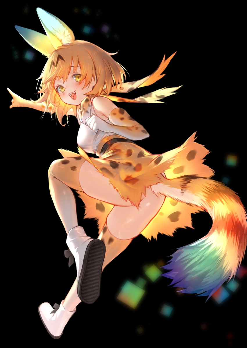 1girl absurdres akuma_(st.takuma) animal_ears animal_print arm_up ass bare_shoulders belt black_background blush bow bowtie elbow_gloves extra_ears full_body gloves high-waist_skirt highres kemono_friends looking_at_viewer medium_hair miniskirt multicolored_hair no_panties open_mouth orange_hair outstretched_arm pointing pointing_forward print_bow print_bowtie print_gloves print_scrunchie print_skirt print_thighhighs scarf scrunchie serval_(kemono_friends) shirt shirt_tucked_in shoes simple_background skirt sleeveless sleeveless_shirt smile solo striped_tail tail thighhighs white_shirt yellow_eyes