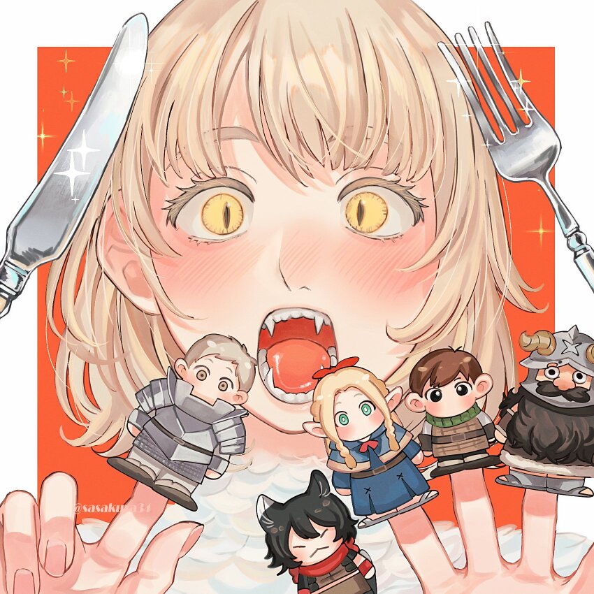 1girl alt_text blonde_hair border butter_knife character_doll chilchuck_tims commentary_request doll dungeon_meshi falin_touden falin_touden_(chimera) fangs feathers finger_puppet fork hands_up highres izutsumi knife laios_touden looking_at_viewer marcille_donato open_mouth orange_background outside_border portrait puppet revision sasakura34 senshi_(dungeon_meshi) short_hair simple_background slit_pupils solo sparkle straight-on teeth tongue twitter_username white_border white_feathers yellow_eyes