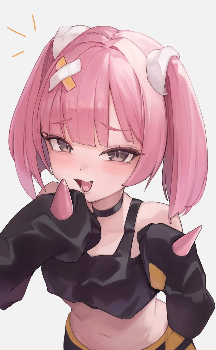 1girl absurdres bandaid bandaid_hair_ornament bandaid_on_head belt black_choker black_shirt blush choker coral_(pokemon) crop_top eyelashes eyeliner fang grey_background hair_ornament highres jun_daniell long_sleeves looking_at_viewer makeup mesugaki midriff navel nintendo off-shoulder_shirt off_shoulder open_mouth pink_eyeliner pink_hair pokemon pokemon_(anime) pokemon_horizons shirt simple_background sleeves_past_fingers sleeves_past_wrists solo twintails upper_body yellow_belt