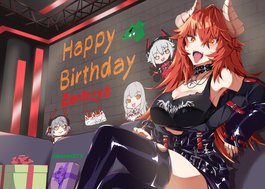 1girl black_collar black_jacket black_nails black_shirt black_skirt black_thighhighs breasts collar cropped_jacket dragon_girl dragon_horns gift highres horns jacket jewelry keshi273 large_breasts long_hair looking_at_viewer nail_polish necklace open_mouth red_hair shirt skirt sleeveless sleeveless_shirt solo thighhighs tongue tongue_out torn_clothes torn_thighhighs virtual_youtuber vshojo yellow_eyes zentreya zentreya_(dragon) zentreya_(dragon)_(metalheads) zentreya_(dragon)_(metalheads)