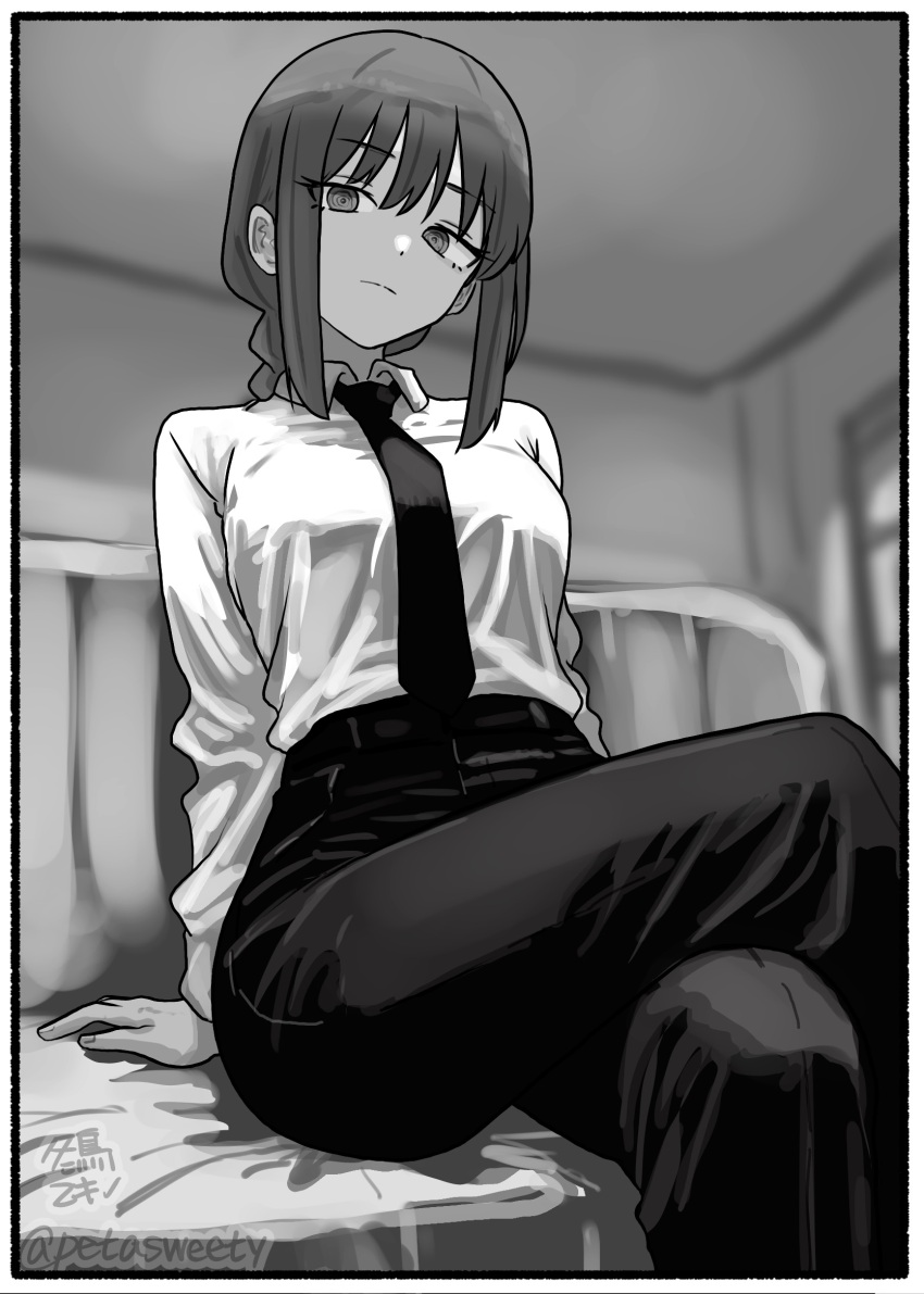 1girl arm_support artist_name border braid braided_ponytail breasts chainsaw_man commentary_request crossed_legs dress_shirt feet_out_of_frame greyscale head_tilt highres long_sleeves looking_at_viewer makima_(chainsaw_man) medium_breasts monochrome necktie pants pino_sweet ringed_eyes shirt shirt_tucked_in sidelocks sitting solo twitter_username white_border