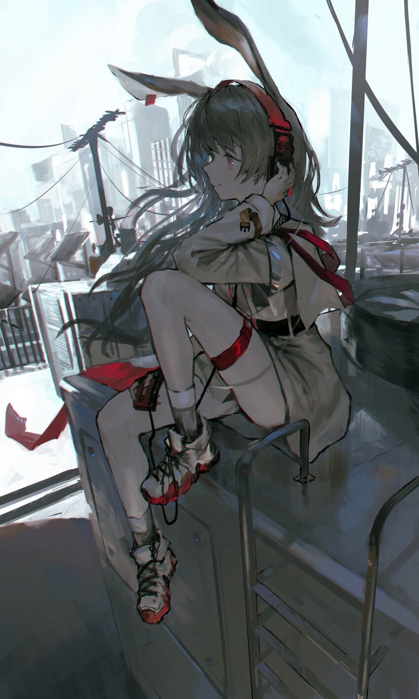 1girl absurdres animal_ears april_(arknights) arknights black_gloves brown_hair building city cityscape dress gloves hand_on_headphones headphones highres lemtun light_smile long_hair long_sleeves outdoors purple_eyes rabbit_ears rabbit_girl shoes single_glove sitting skyscraper sneakers socks solar_panel solo striped_clothes striped_socks walkman white_dress white_socks