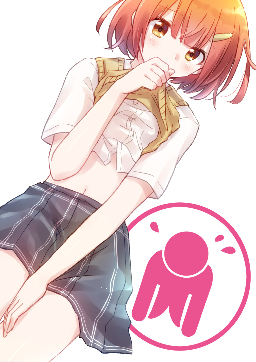 1girl absurdres arm_between_legs black_skirt blush commentary cowboy_shot dogeza dogeza_de_tanondemita dutch_angle highres lifting_own_clothes looking_at_viewer midriff navel nyaa_(nnekoron) orange_hair pleated_skirt school_uniform shirt short_hair simple_background skirt solo sweater_vest white_background white_shirt yellow_eyes yellow_sweater_vest