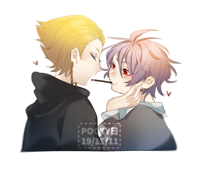 2boys ahoge black_jacket blonde_hair blush chinese_commentary commentary_request earrings grey_jacket hand_on_own_cheek hand_on_own_face heart incoming_pocky_kiss jacket jewelry long_sleeves male_focus multiple_boys pocky_day purple_hair red_eyes rumeld_othmayer saibou_shinkyoku shirt short_hair simple_background smile theodore_riddle translated white_background white_shirt yaoi yokuhaku