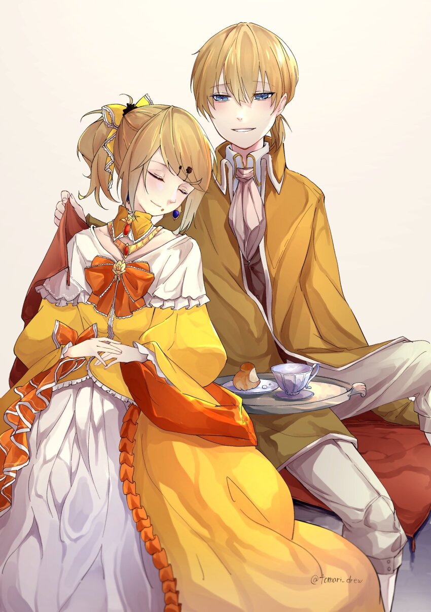 1boy 1girl aku_no_meshitsukai_(vocaloid) aku_no_musume_(vocaloid) allen_avadonia ascot blonde_hair blue_eyes bow brioche brooch brother_and_sister choker closed_eyes closed_mouth cup dress dress_bow earrings evillious_nendaiki frilled_choker frills hair_bow half-closed_eyes highres jacket jewelry kagamine_len kagamine_rin leaning_on_person off_shoulder orange_bow pale_skin pants parted_lips ponytail revision riliane_lucifen_d&#039;autriche short_ponytail siblings sidelocks sitting sleeping sleeping_on_person smile swept_bangs tea teacup teapot tomari_drew twins twitter_username vocaloid white_pants wide_sleeves yellow_bow yellow_choker yellow_dress yellow_jacket