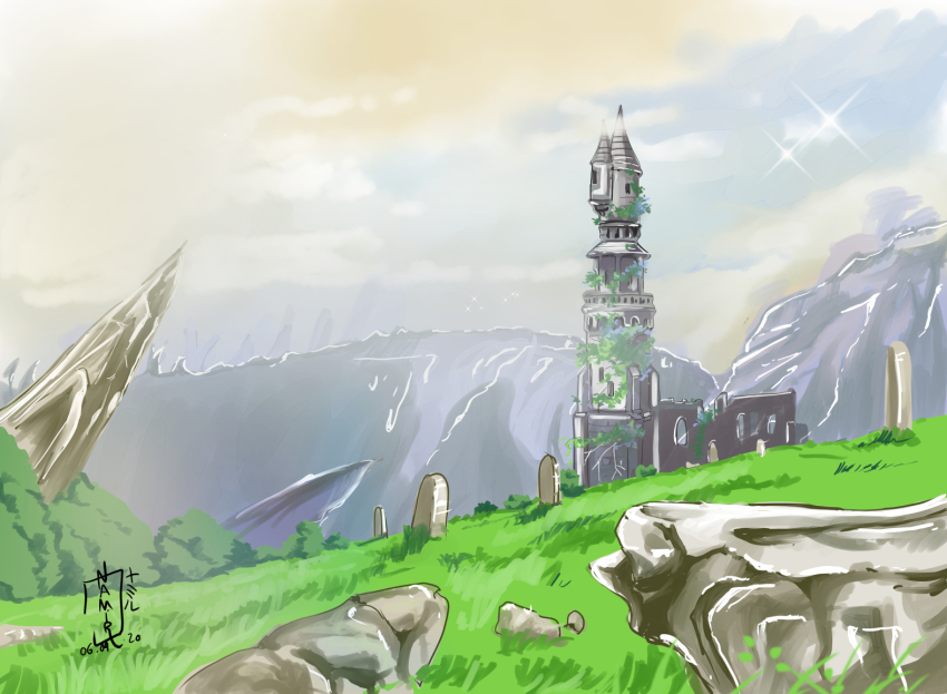 artist_name blue_sky cloud cloudy_sky commentary_request dated namirokami no_humans original ruins scenery signature sky sparkle tower
