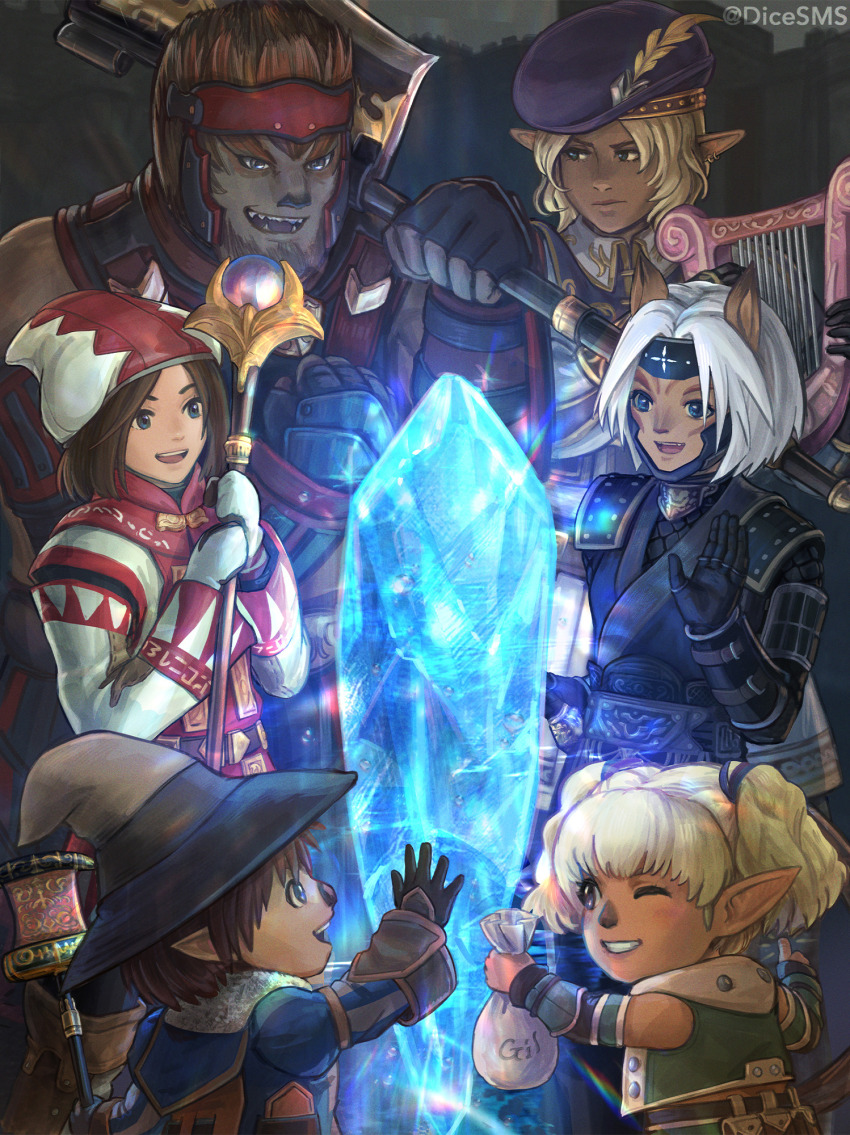 2boys 4girls :d adventurer_(ff11) animal_ears axe bard_(final_fantasy) beret black_gloves black_mage_(final_fantasy) blonde_hair blue_eyes brown_hair cat_ears cat_girl commentary commission crystal dark-skinned_female dark_skin dicesms earrings elf elvaan english_commentary facial_mark final_fantasy final_fantasy_xi fishnets galka gloves grey_hair grin harp hat hat_feather highres holding holding_axe holding_harp holding_instrument holding_staff hume instrument jewelry long_sleeves mithra_(ff11) multiple_boys multiple_girls ninja ninja_(final_fantasy) official_art one_eye_closed open_mouth over_shoulder pointy_ears purple_hat short_hair smile staff tarutaru teeth thief_(final_fantasy) twintails twitter_username upper_teeth_only warrior_(final_fantasy) weapon weapon_over_shoulder white_mage_(final_fantasy) witch_hat