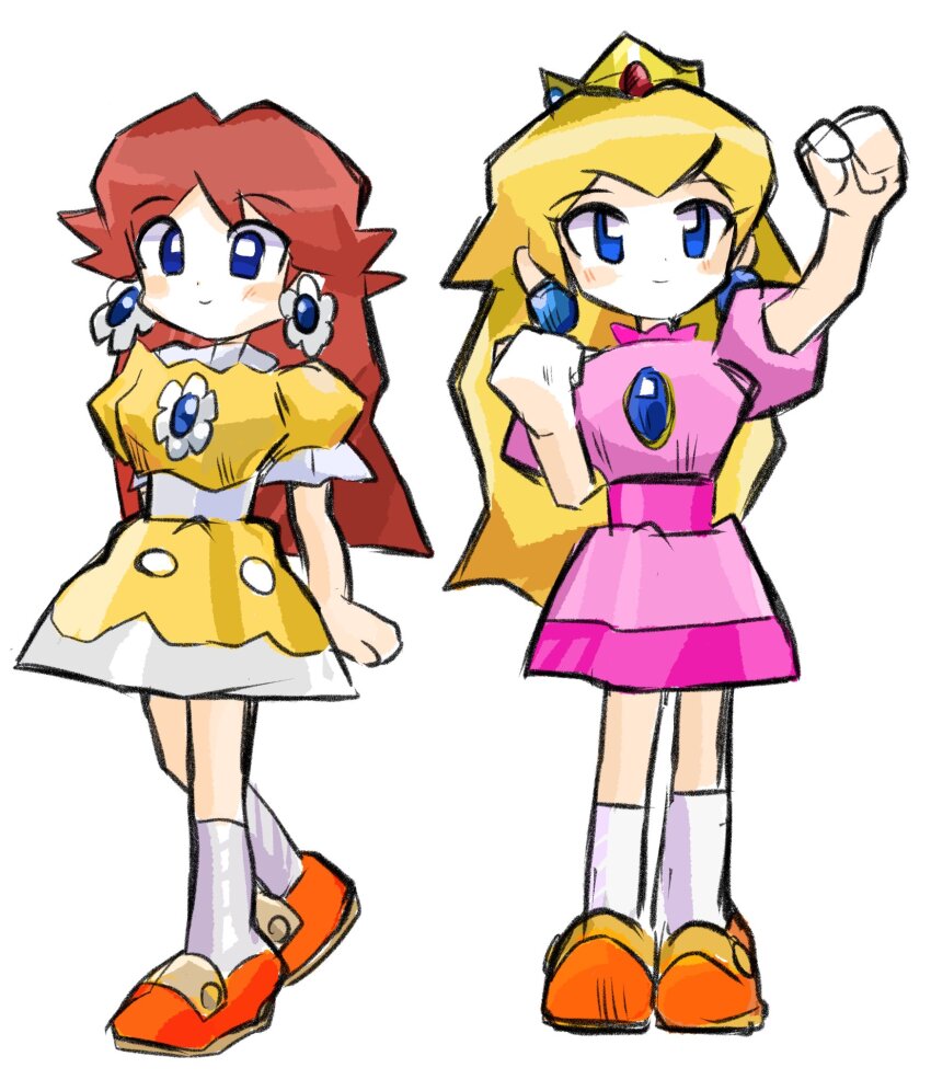 2girls blonde_hair blue_eyes brown_hair closed_mouth crown dress earrings game_console highres jewelry legs mario_(series) mario_tennis multiple_girls nintendo nintendo_64 princess_daisy princess_peach rakugaki_shitagari-ya simple_background smile standing white_background
