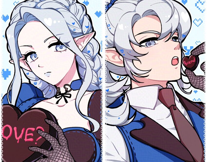 1boy 1girl alternate_costume alternate_hairstyle black_necktie black_ribbon black_vest blue_background blue_bow blue_choker blue_eyes blue_vest border bow braided_twintails breasts candy chocolate chocolate_heart choker cleavage closed_mouth collarbone collared_shirt commentary_request coumarin dress elezen elf english_text estinien_varlineau final_fantasy final_fantasy_xiv fishnet_gloves fishnets food frilled_dress frills from_side gloves grey_eyes grey_hair grey_lips hair_bow heart heart-shaped_food heart_background heart_choker heart_print high_ponytail holding holding_chocolate holding_food imminent_eating korean_commentary lace lace_border lapels long_hair long_sleeves looking_to_the_side neck_ribbon necktie notched_lapels open_mouth ornate_border pointy_ears ponytail portrait ribbon seams shirt two-tone_background two-tone_vest valentine vest waistcoat white_background ysayle_dangoulain