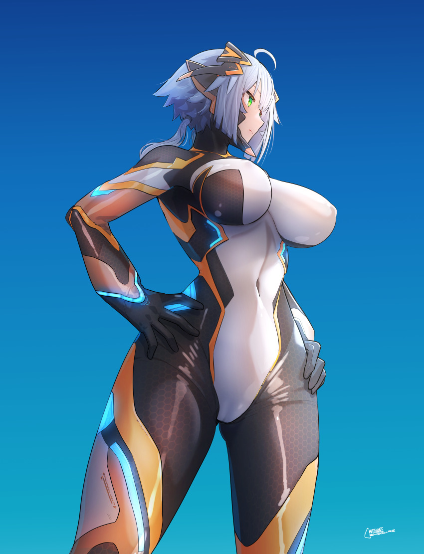 1girl absurdres artist_name black_bodysuit blue_hair bodysuit breasts cameltoe colossus_(natsukaze_shigure) covered_erect_nipples covered_navel green_eyes hands_on_own_hips highres large_breasts long_hair multicolored_bodysuit natsukaze_shigure original solo toned white_bodysuit